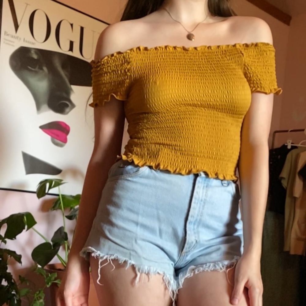 mustard yellow smocked off the shoulder top
